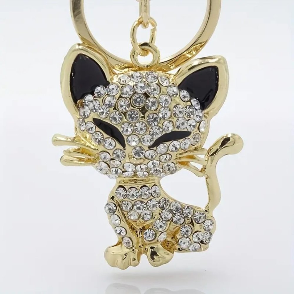 New Glamorous Kitty Bling Keychain, Bag charm Gold Black, crystals